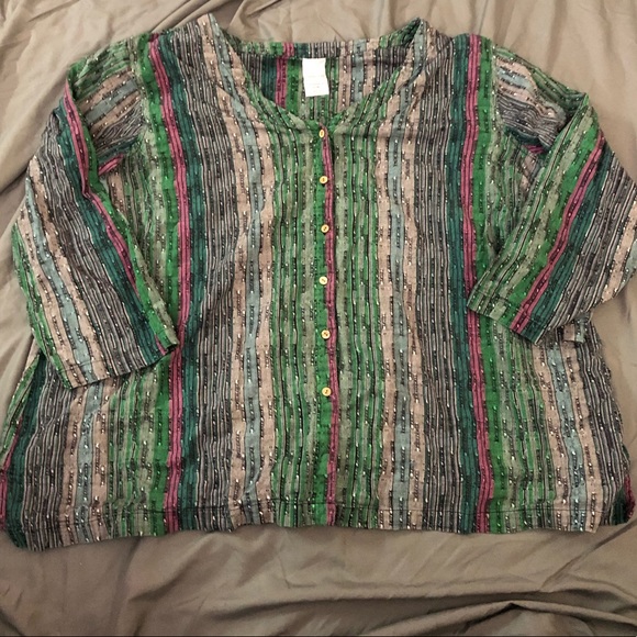 Roaman's Tops - Purple & Green Striped Button Down 3/4 Sleeve Top